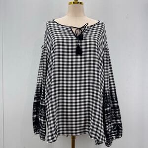 NWT Marina Rinaldi Black White Gingham Embroidered Blouse sz US 18 Boho Coastal